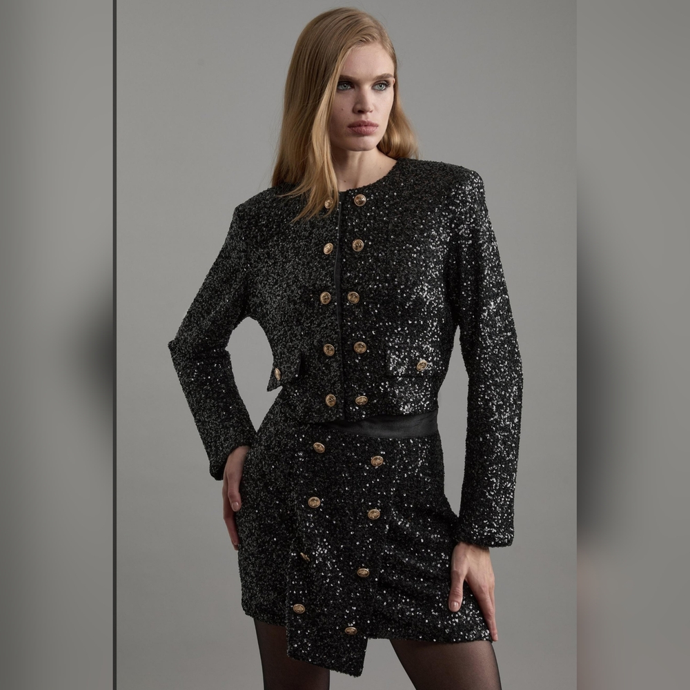 Karen Millen Black Sequin Long Sleeve Dress - Picture 6 of 11